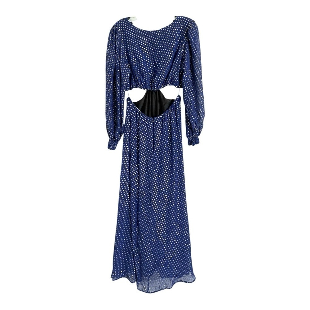 DELFI Cerise Gown Maxi Dress Waist Cutout in Blue Gold Silk Chiffon Size Large - Picture 7 of 13